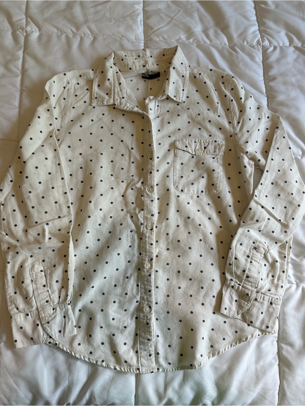 BDG White Button-Up Shirt with Black Polka Dots